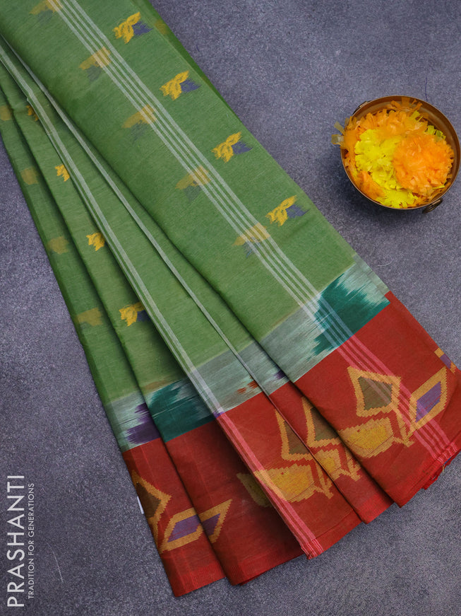 Bengal cotton saree green shade and maroon with thread woven buttas and long thread woven border without blouse