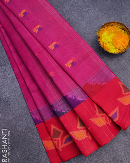 Bengal cotton saree magenta pink and pink with thread woven buttas and long thread woven border without blouse