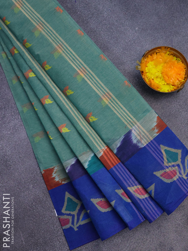 Bengal cotton saree teal green and blue with thread woven buttas and long thread woven border without blouse