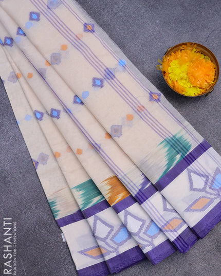 Bengal cotton saree off white and blue with thread woven buttas and long thread woven border without blouse