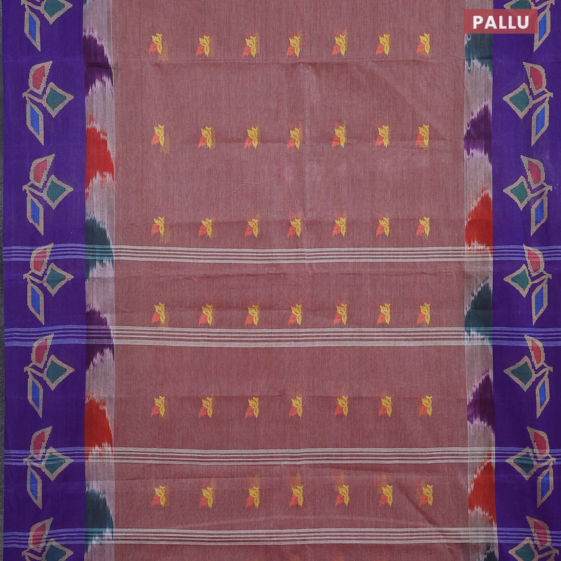 Bengal cotton saree wine shade and blue with thread woven buttas and long thread woven border without blouse