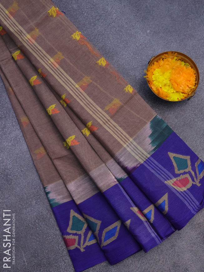 Bengal cotton saree grey and blue with thread woven buttas and long thread woven border without blouse