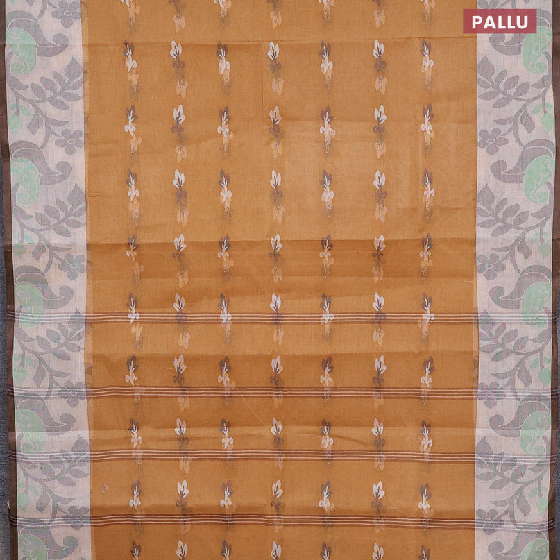 Bengal cotton saree sandal and brown with thread woven buttas and thread woven border without blouse