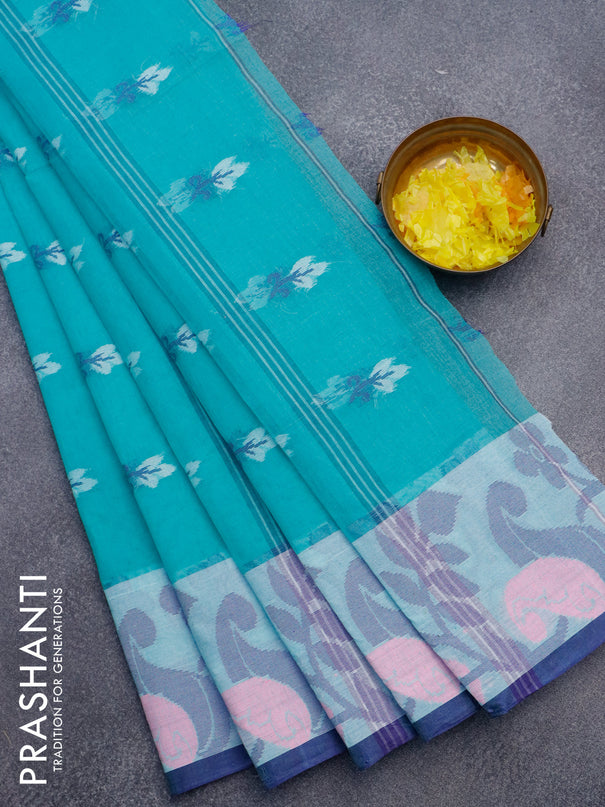 Bengal cotton saree teal blue and blue with thread woven buttas and thread woven border without blouse