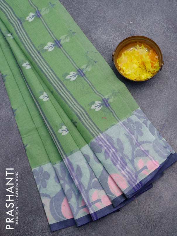 Bengal cotton saree pastel green and blue with thread woven buttas and thread woven border without blouse