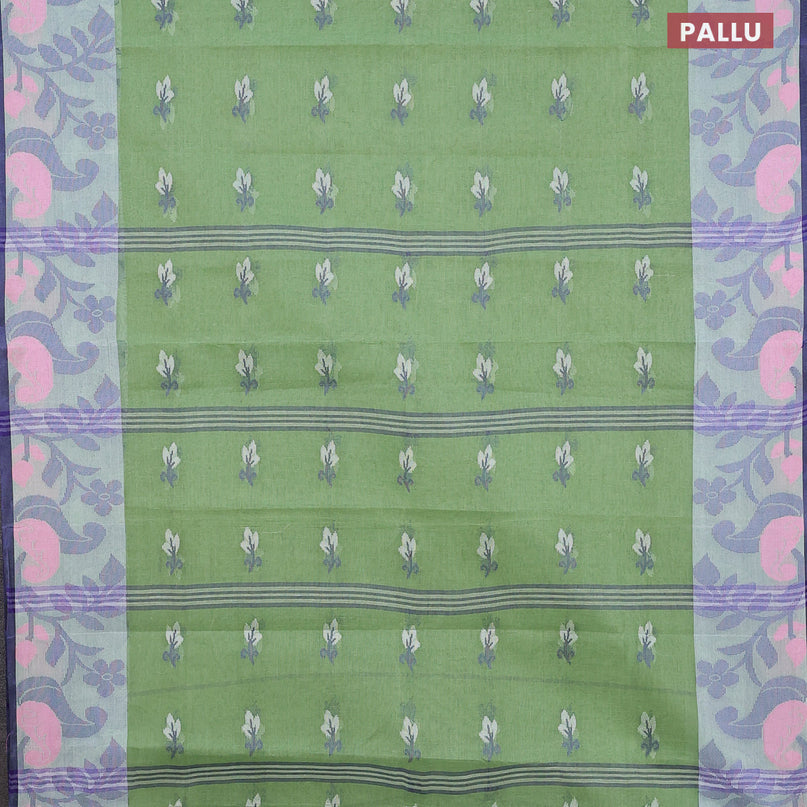 Bengal cotton saree pastel green and blue with thread woven buttas and thread woven border without blouse