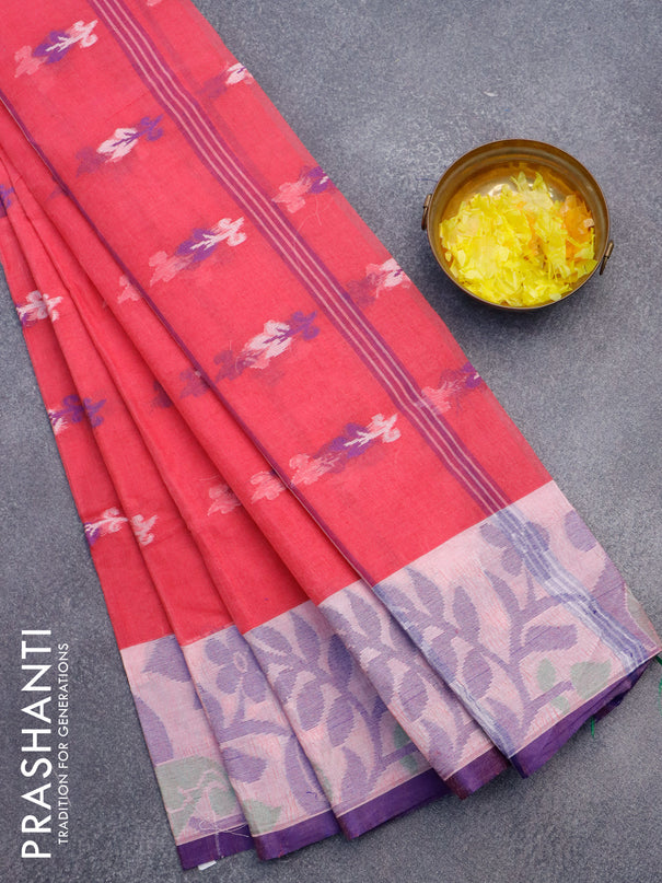 Bengal cotton saree pink and blue with thread woven buttas and thread woven border without blouse