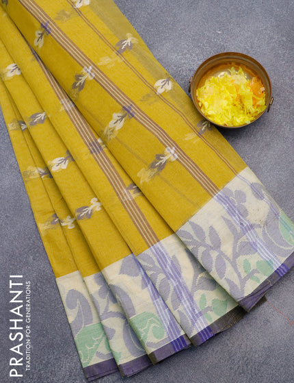 Bengal cotton saree yellow shade and cream blue with thread woven buttas and thread woven border without blouse