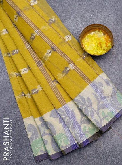 Bengal cotton saree yellow shade and cream blue with thread woven buttas and thread woven border without blouse