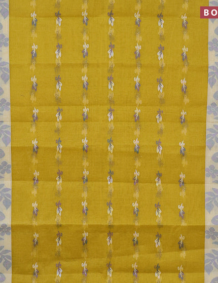 Bengal cotton saree yellow shade and cream blue with thread woven buttas and thread woven border without blouse