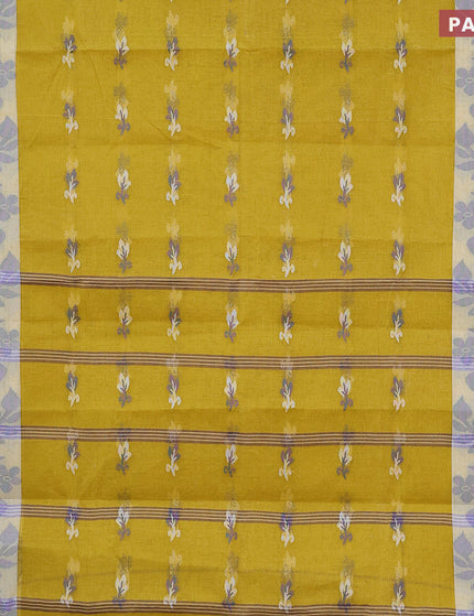 Bengal cotton saree yellow shade and cream blue with thread woven buttas and thread woven border without blouse