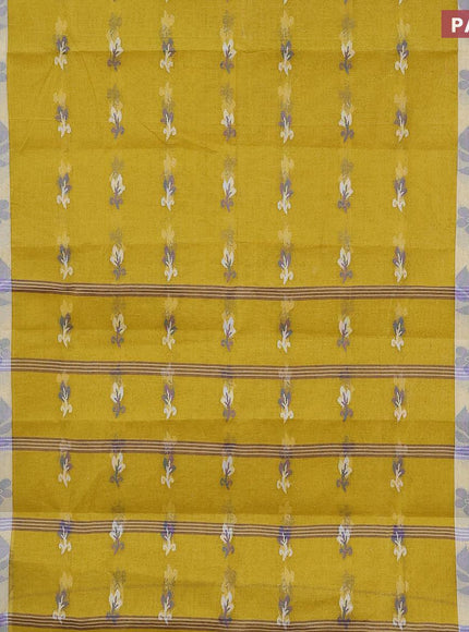 Bengal cotton saree yellow shade and cream blue with thread woven buttas and thread woven border without blouse