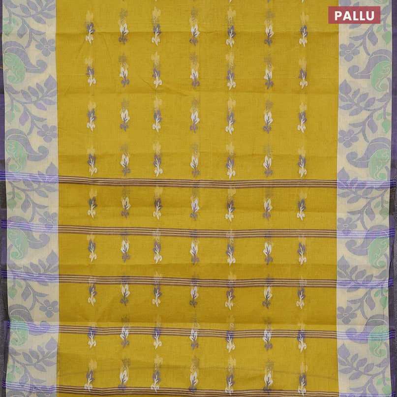 Bengal cotton saree yellow shade and cream blue with thread woven buttas and thread woven border without blouse