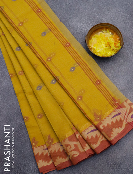 Bengal cotton saree yellow and maroon shade with thread woven buttas and thread woven border without blouse