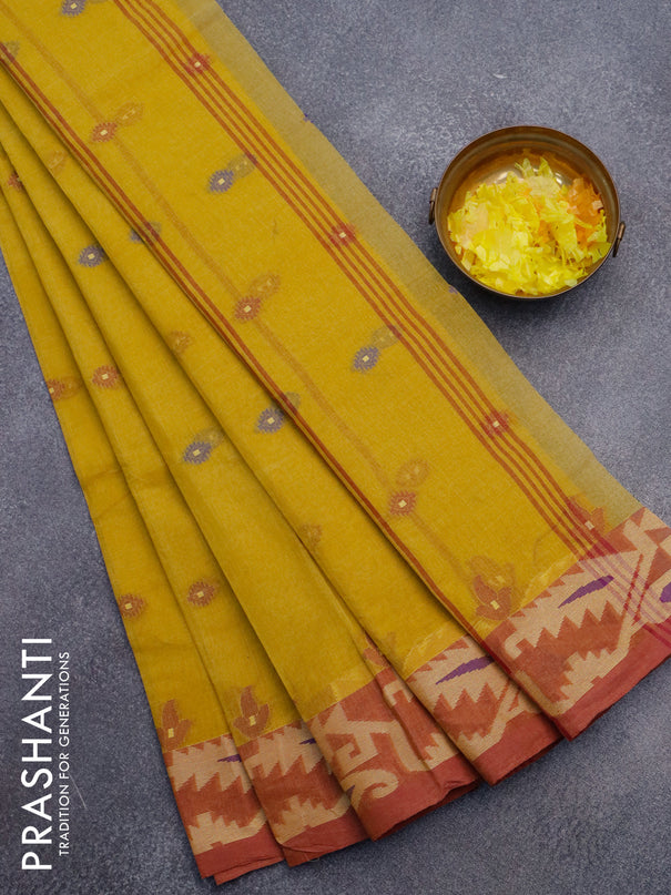 Bengal cotton saree yellow and maroon shade with thread woven buttas and thread woven border without blouse