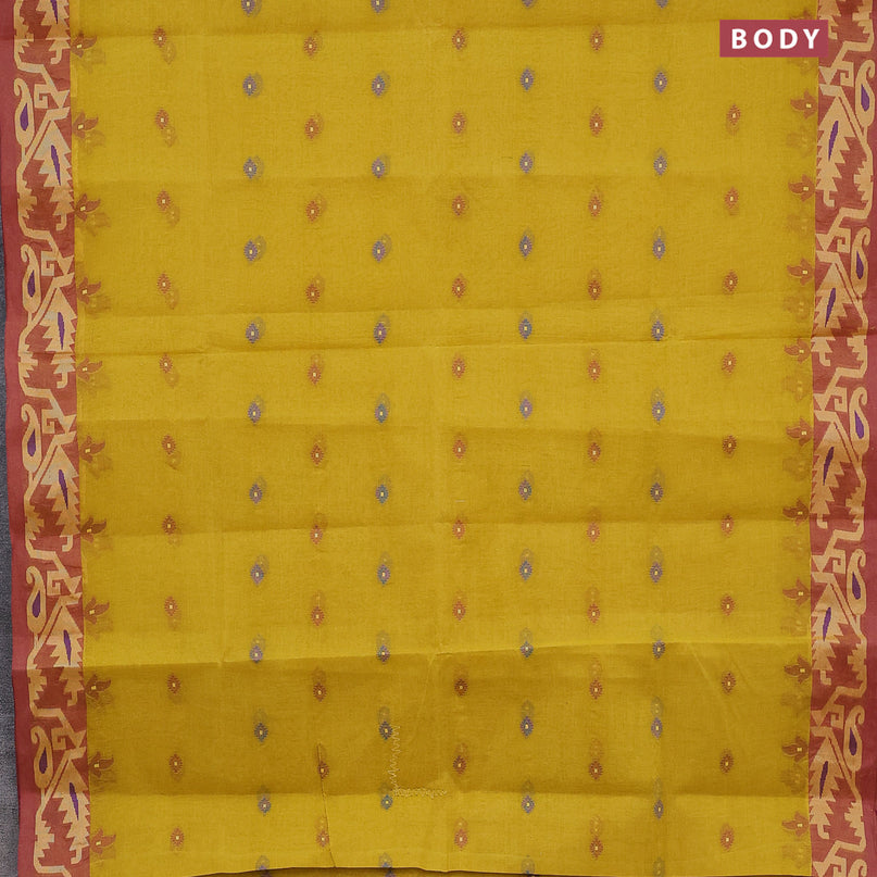 Bengal cotton saree yellow and maroon shade with thread woven buttas and thread woven border without blouse