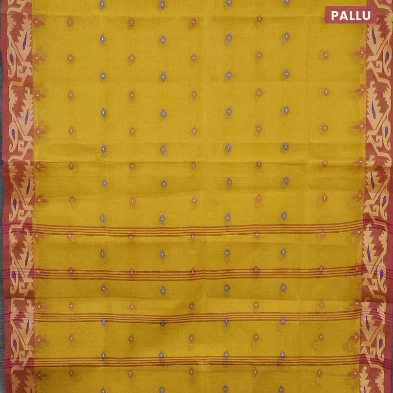 Bengal cotton saree yellow and maroon shade with thread woven buttas and thread woven border without blouse