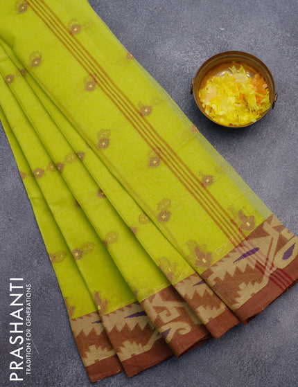 Bengal cotton saree fluorescent green and maroon shade with thread woven buttas and thread woven border without blouse