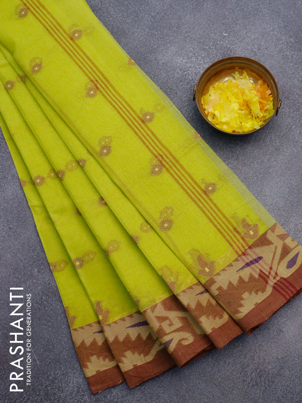 Bengal cotton saree fluorescent green and maroon shade with thread woven buttas and thread woven border without blouse