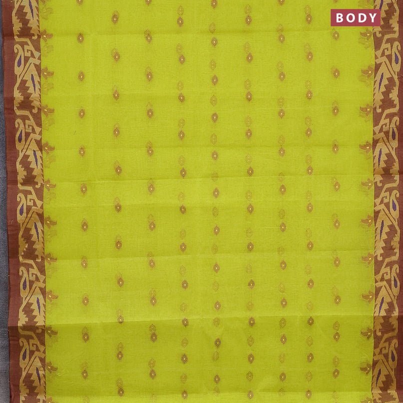 Bengal cotton saree fluorescent green and maroon shade with thread woven buttas and thread woven border without blouse