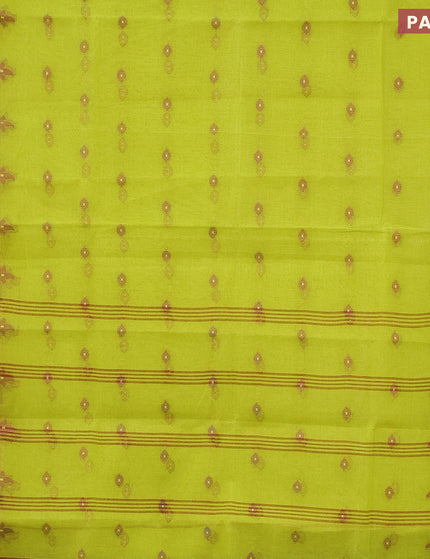 Bengal cotton saree fluorescent green and maroon shade with thread woven buttas and thread woven border without blouse