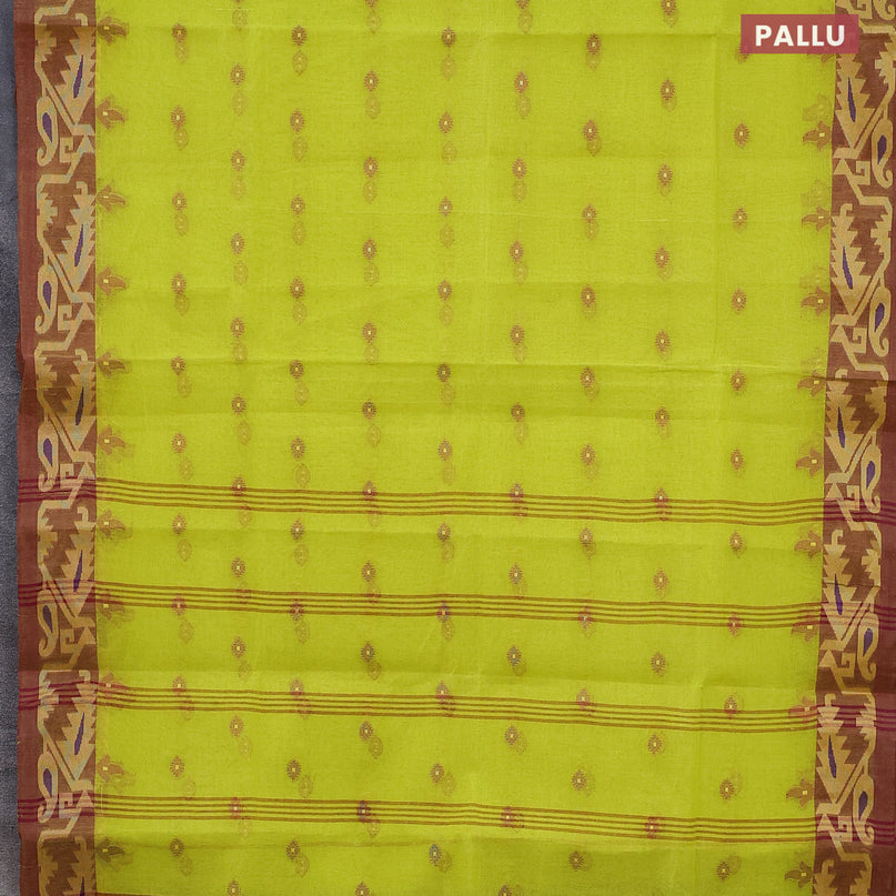 Bengal cotton saree fluorescent green and maroon shade with thread woven buttas and thread woven border without blouse