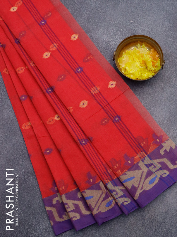 Bengal cotton saree pink and blue with thread woven buttas and thread woven border without blouse