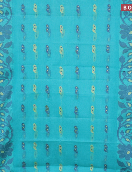 Bengal cotton saree teal blue shade and blue with thread woven buttas and long thread & zari woven border without blouse