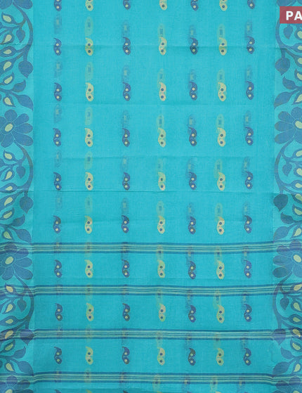 Bengal cotton saree teal blue shade and blue with thread woven buttas and long thread & zari woven border without blouse