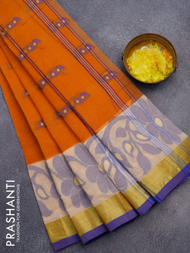 Bengal cotton saree orange shade and blue with thread woven buttas and long thread & zari woven border without blouse