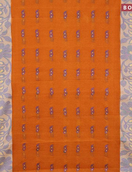 Bengal cotton saree orange shade and blue with thread woven buttas and long thread & zari woven border without blouse