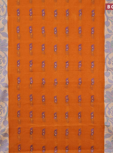 Bengal cotton saree orange shade and blue with thread woven buttas and long thread & zari woven border without blouse