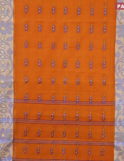 Bengal cotton saree orange shade and blue with thread woven buttas and long thread & zari woven border without blouse