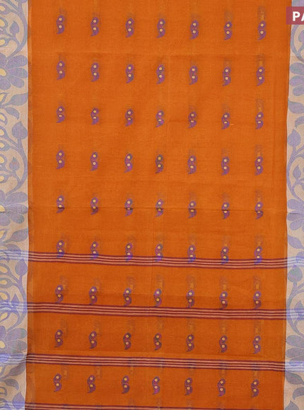 Bengal cotton saree orange shade and blue with thread woven buttas and long thread & zari woven border without blouse