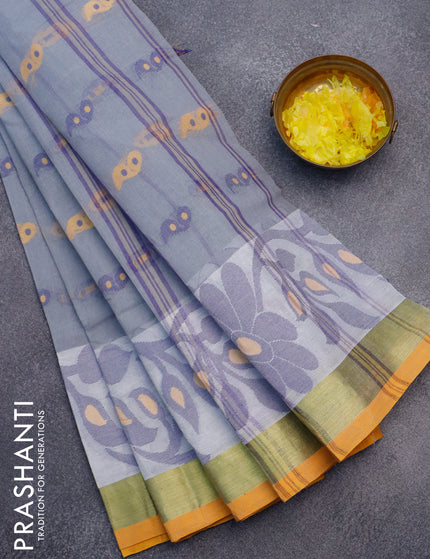 Bengal cotton saree grey and mango yellow with thread woven buttas and long thread & zari woven border without blouse