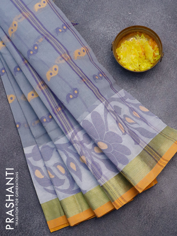 Bengal cotton saree grey and mango yellow with thread woven buttas and long thread & zari woven border without blouse