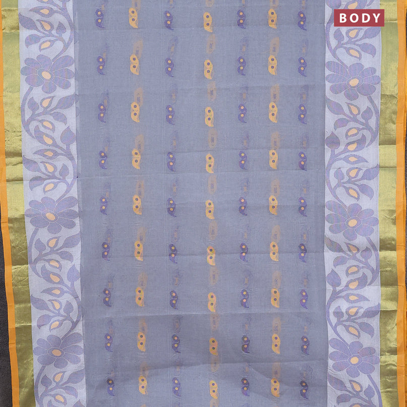 Bengal cotton saree grey and mango yellow with thread woven buttas and long thread & zari woven border without blouse