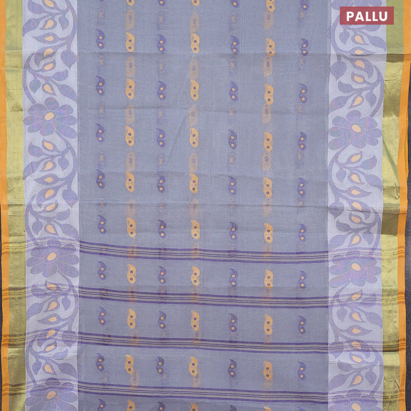 Bengal cotton saree grey and mango yellow with thread woven buttas and long thread & zari woven border without blouse