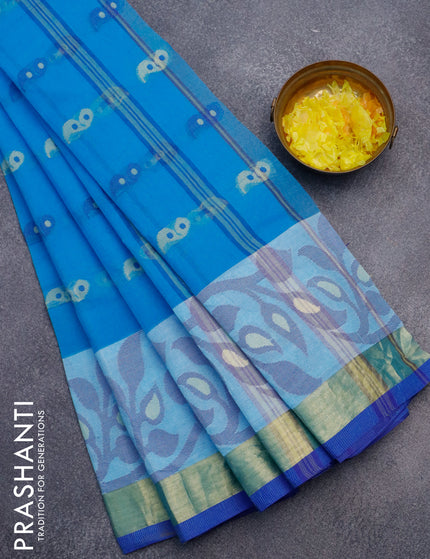 Bengal cotton saree cs blue and blue with thread woven buttas and long thread & zari woven border without blouse