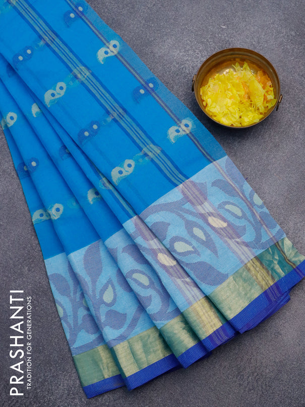 Bengal cotton saree cs blue and blue with thread woven buttas and long thread & zari woven border without blouse