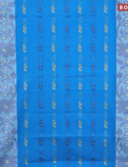 Bengal cotton saree cs blue and blue with thread woven buttas and long thread & zari woven border without blouse