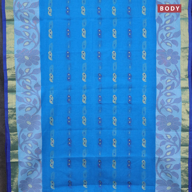 Bengal cotton saree cs blue and blue with thread woven buttas and long thread & zari woven border without blouse