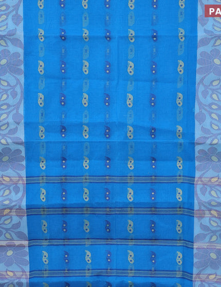 Bengal cotton saree cs blue and blue with thread woven buttas and long thread & zari woven border without blouse