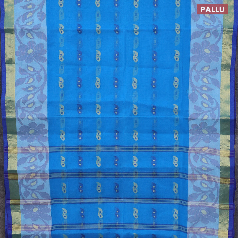 Bengal cotton saree cs blue and blue with thread woven buttas and long thread & zari woven border without blouse