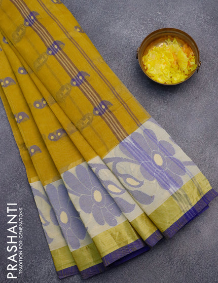 Bengal cotton saree mustard yellow and blue with thread woven buttas and long thread & zari woven border without blouse