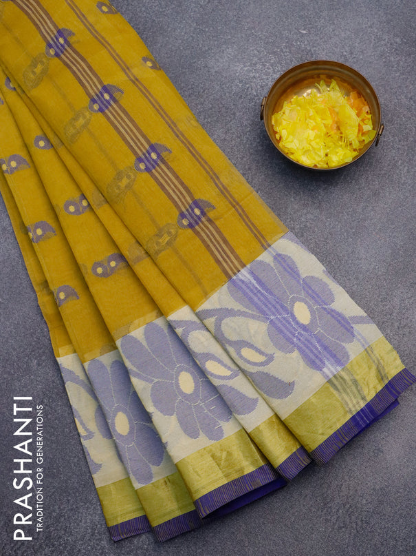 Bengal cotton saree mustard yellow and blue with thread woven buttas and long thread & zari woven border without blouse