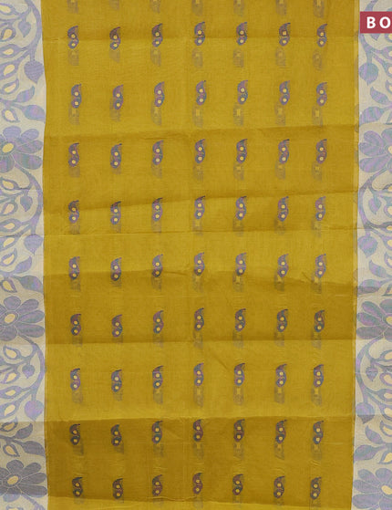 Bengal cotton saree mustard yellow and blue with thread woven buttas and long thread & zari woven border without blouse