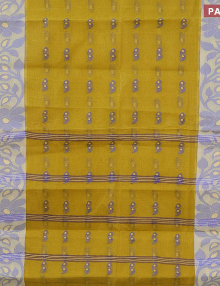 Bengal cotton saree mustard yellow and blue with thread woven buttas and long thread & zari woven border without blouse