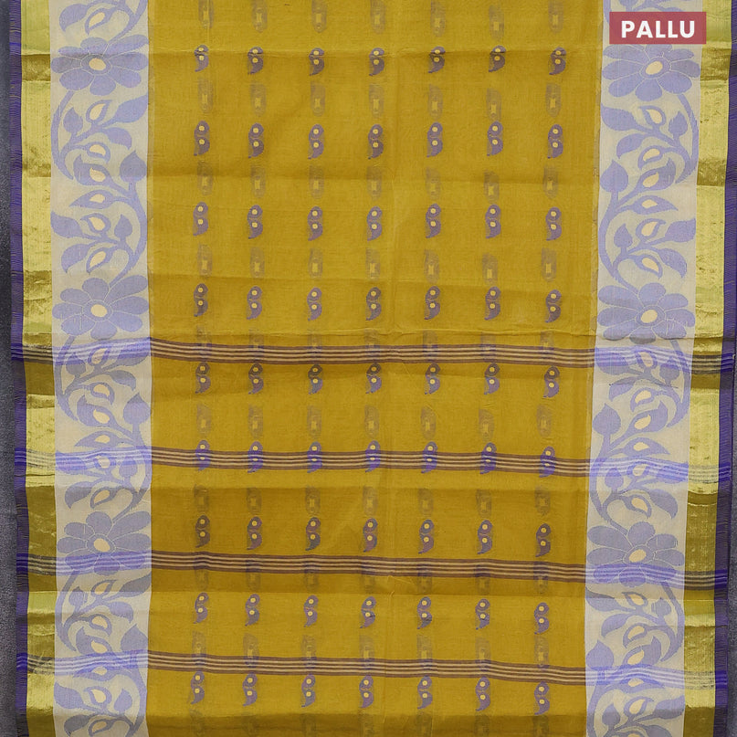 Bengal cotton saree mustard yellow and blue with thread woven buttas and long thread & zari woven border without blouse