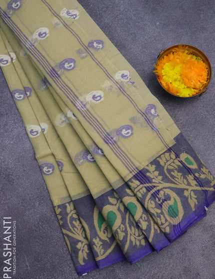 Bengal cotton saree elaichi green and blue with thread woven buttas and long thread woven border without blouse